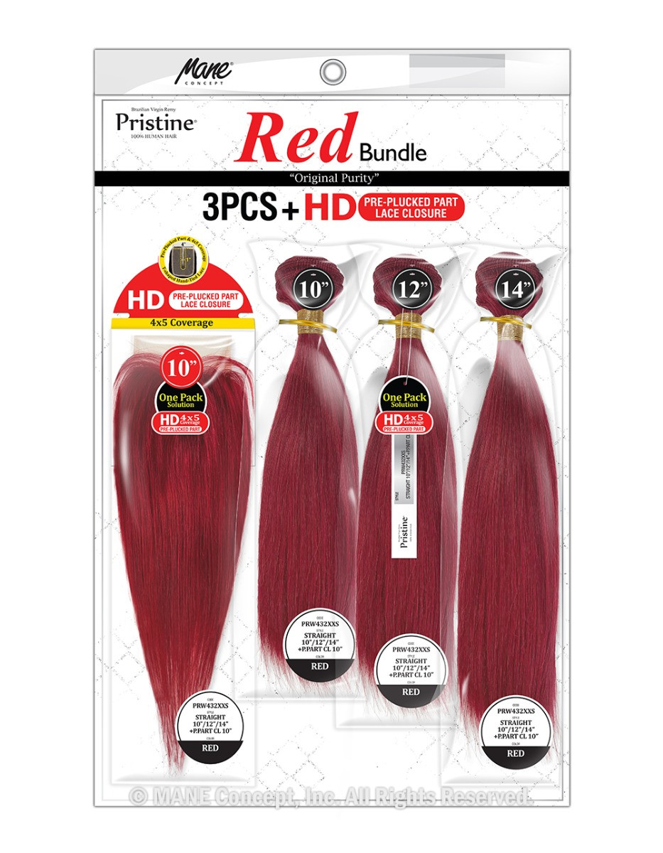 PRW432 - PRISTINE 11A STRAIGHT RED 3PCS+HD PRE-PLUCKED PART LACE CLOSURE